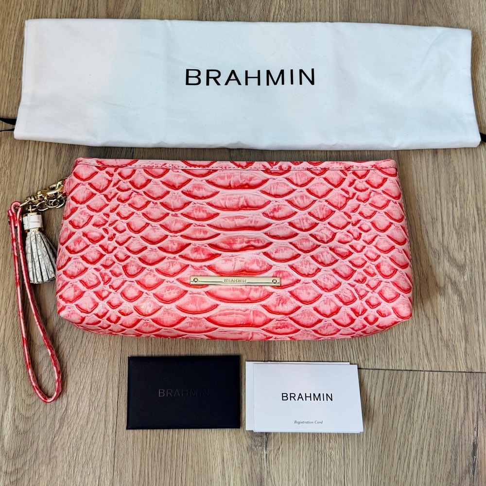 Brahmin Kayla Wristlet Azalea Ines Embossed Leather Tassel Clutch Bag Duster EUC